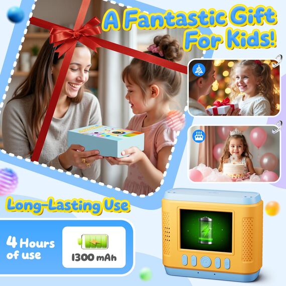 CalineGam Kinderkamera Sofortbildkamera, 1080P HD Sofortbildkamera Kinder mit 32GB Karte, 2,4 Zoll Digitalkamera Kinder, Kinderspielzeug Geschenke für Jungen und Mädchen 3-12 Jahre (Blau)