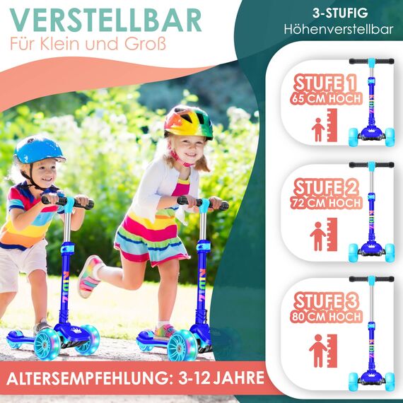 KIDIZ® Roller Kinder Scooter X-Pro2 Dreiradscooter mit PU LED Leuchtenden Räder Kinderroller faltbar Tret-Roller höhenverstellbarer Cityroller Kinderscooter für Jungen Mädchen 3-12 Jahre, Blau