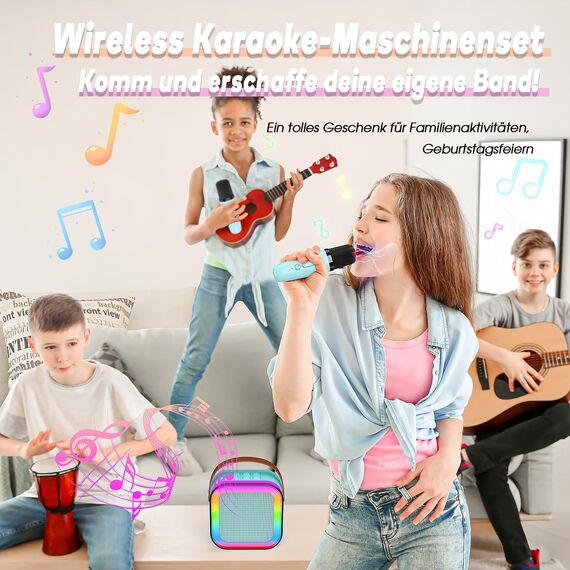 Dislocati Karaoke Maschine mit 2 Karaoke Mikrofon Bluetooth, Geschenk Spielzeug Junge 3-12 Jahre, Tragbarer Mini Karaoke Set mit DSP & LED-Lichtern, Kinder und Erwachsene