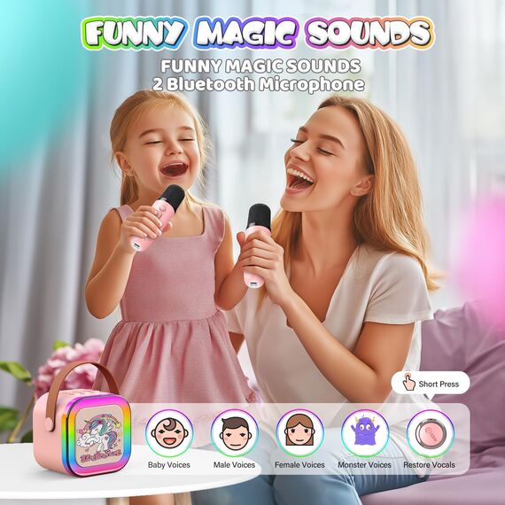 Dislocati Karaoke Maschine mit 2 Bluetooth Karaoke Mikrofon, Einhorn Geschenk Spielzeug für Mädchen 3-12 Jahre Tragbarer Lautsprecher mit LED-Lichtern, Ideal für Familienfeiern, Partys & Outdoor