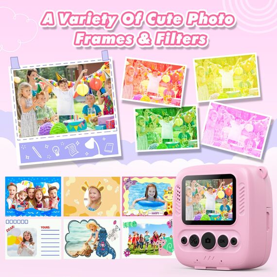 CalineGam Kinderkamera Sofortbildkamera, 48MP Sofortbildkamera Kinder mit 32GB Karte & Druckpapier, 1080P Digitalkamera Kinder, Geschenke für Jungen und Mädchen 3-12 Jahre (Rosa)