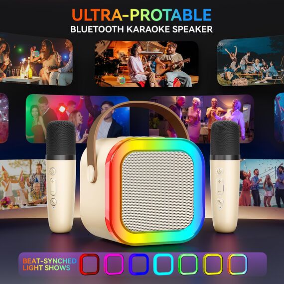 Karaoke Maschine mit 2 Karaoke Mikrofonen, Karaoke Maschine Kinder mit Mikrofon Mädchen Geschenke Spielzeug für 3-12 Jahre - Bluetooth MusikLautsprecher, Beige