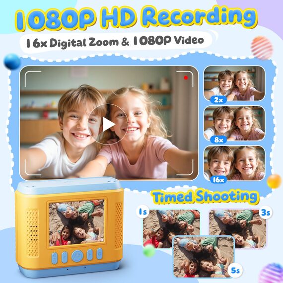 CalineGam Kinderkamera Sofortbildkamera, 1080P HD Sofortbildkamera Kinder mit 32GB Karte, 2,4 Zoll Digitalkamera Kinder, Kinderspielzeug Geschenke für Jungen und Mädchen 3-12 Jahre (Blau)
