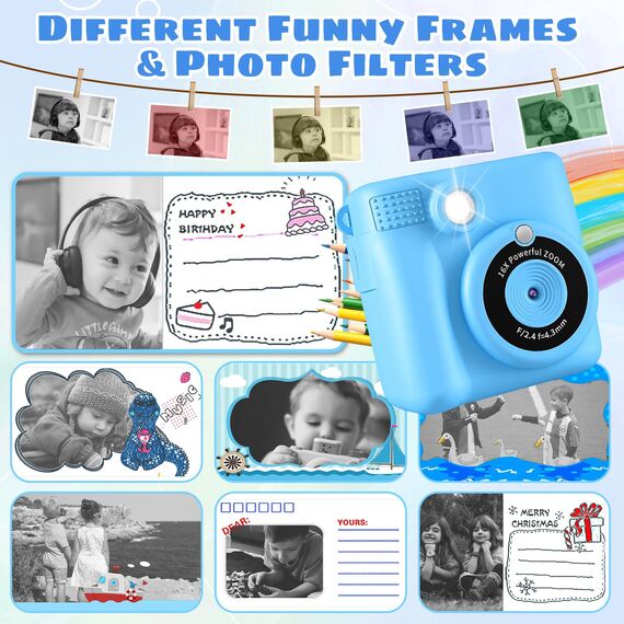 CHRERNA KinderKamera, Sofortbildkamera Kinder Geschenke für 3-12 Jahre Jungen und mädchen,1080P HD 2.4 Zoll Video Kinder Kamera mit 32GB TF Karte,Druckpapier(Blau)