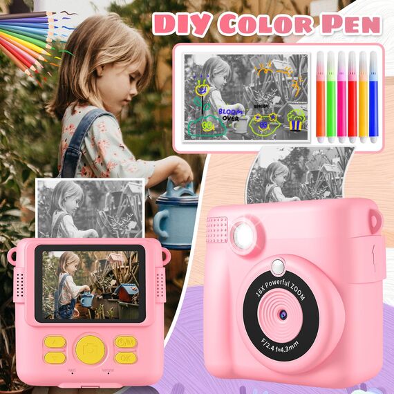Kinderkamera, Sofortbildkamera Kinder,1080P Fotoapparat Kinderspielzeug mit 16x Digitalzoom, 32GB TF Karte,Druckpapier, Kinder Kamera für Geschenk für Mädchen 3-12 Jahre