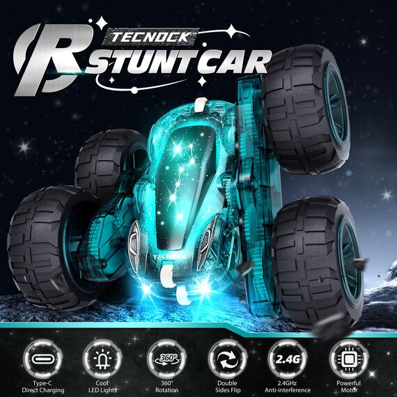 Tecnock 2026 Ferngesteuertes Auto mit 2.4 Ghz Fernbedienung 360°Flip Stunts Rc Auto Monstertruck mit Buntes Licht ab 6-12 Jahre Outdoor Spielzeug Geschenk für Junge Kinder