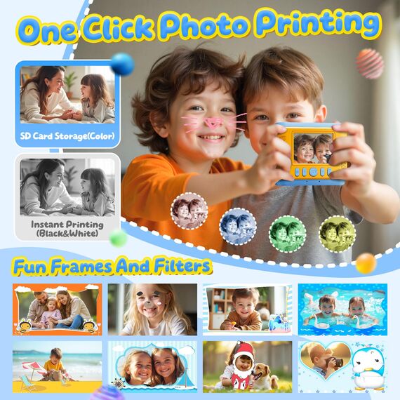 CalineGam Kinderkamera Sofortbildkamera, 1080P HD Sofortbildkamera Kinder mit 32GB Karte, 2,4 Zoll Digitalkamera Kinder, Kinderspielzeug Geschenke für Jungen und Mädchen 3-12 Jahre (Blau)