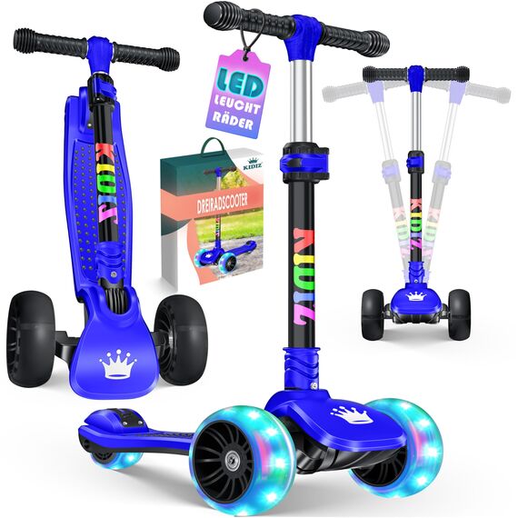 KIDIZ® Roller Kinder Scooter X-Pro2 Dreiradscooter mit PU LED Leuchtenden Räder Kinderroller faltbar Tret-Roller höhenverstellbarer Cityroller Kinderscooter für Jungen Mädchen 3-12 Jahre, Schwarz/Blau