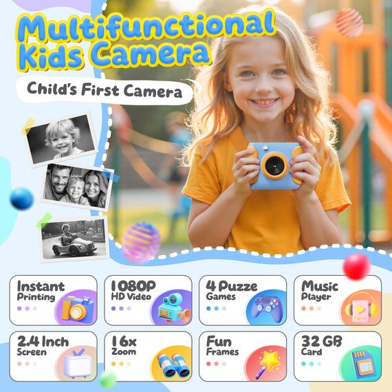 CalineGam Kinderkamera Sofortbildkamera, 1080P HD Sofortbildkamera Kinder mit 32GB Karte, 2,4 Zoll Digitalkamera Kinder, Kinderspielzeug Geschenke für Jungen und Mädchen 3-12 Jahre (Blau)
