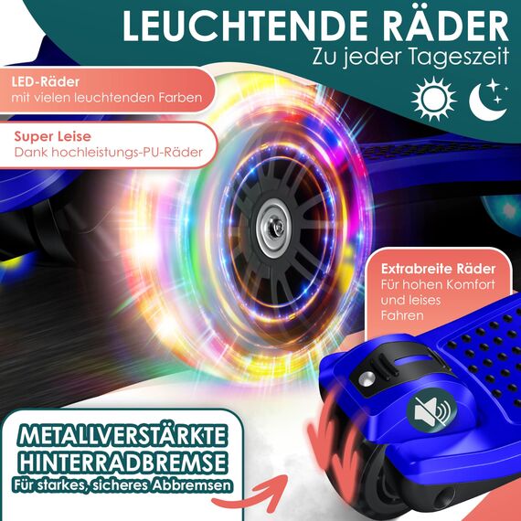 KIDIZ® Roller Kinder Scooter X-Pro2 Dreiradscooter mit PU LED Leuchtenden Räder Kinderroller faltbar Tret-Roller höhenverstellbarer Cityroller Kinderscooter für Jungen Mädchen 3-12 Jahre, Schwarz/Blau