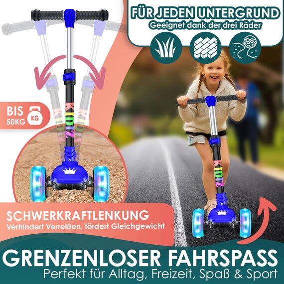 KIDIZ® Roller Kinder Scooter X-Pro2 Dreiradscooter mit PU LED Leuchtenden Räder Kinderroller faltbar Tret-Roller höhenverstellbarer Cityroller Kinderscooter für Jungen Mädchen 3-12 Jahre, Schwarz/Blau