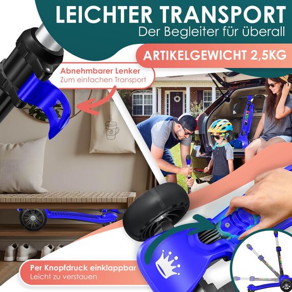 KIDIZ® Roller Kinder Scooter X-Pro2 Dreiradscooter mit PU LED Leuchtenden Räder Kinderroller faltbar Tret-Roller höhenverstellbarer Cityroller Kinderscooter für Jungen Mädchen 3-12 Jahre, Schwarz/Blau