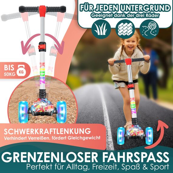 KIDIZ® Roller Kinder Scooter X-Pro2 Dreiradscooter mit PU LED Leuchtenden Räder Kinderroller faltbar Tret-Roller höhenverstellbarer Cityroller Kinderscooter für Jungen Mädchen 3-12 Jahre, Graffiti