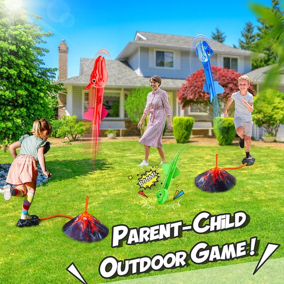 HappyKidsClub Raketen Spielzeug für Kinder mit 3 Dinosaurier Schaumstoffraketen, Outdoor Spielzeug ab 3-12 Jahre Junge, Spiele für Draußen Garten und Park Ostern Geburtstag