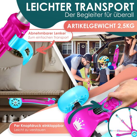 KIDIZ® Roller Kinder Scooter X-Pro2 Dreiradscooter mit PU LED Leuchtenden Räder Kinderroller faltbar Tret-Roller höhenverstellbarer Cityroller Kinderscooter für Jungen Mädchen 3-12 Jahre, Pink
