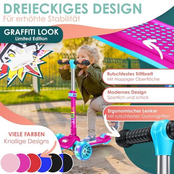 KIDIZ® Roller Kinder Scooter X-Pro2 Dreiradscooter mit PU LED Leuchtenden Räder Kinderroller faltbar Tret-Roller höhenverstellbarer Cityroller Kinderscooter für Jungen Mädchen 3-12 Jahre, Pink