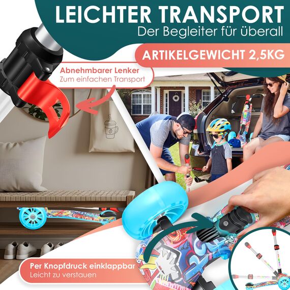 KIDIZ® Roller Kinder Scooter X-Pro2 Dreiradscooter mit PU LED Leuchtenden Räder Kinderroller faltbar Tret-Roller höhenverstellbarer Cityroller Kinderscooter für Jungen Mädchen 3-12 Jahre, Graffiti