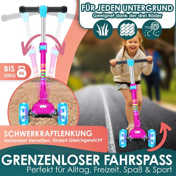 KIDIZ® Roller Kinder Scooter X-Pro2 Dreiradscooter mit PU LED Leuchtenden Räder Kinderroller faltbar Tret-Roller höhenverstellbarer Cityroller Kinderscooter für Jungen Mädchen 3-12 Jahre, Pink