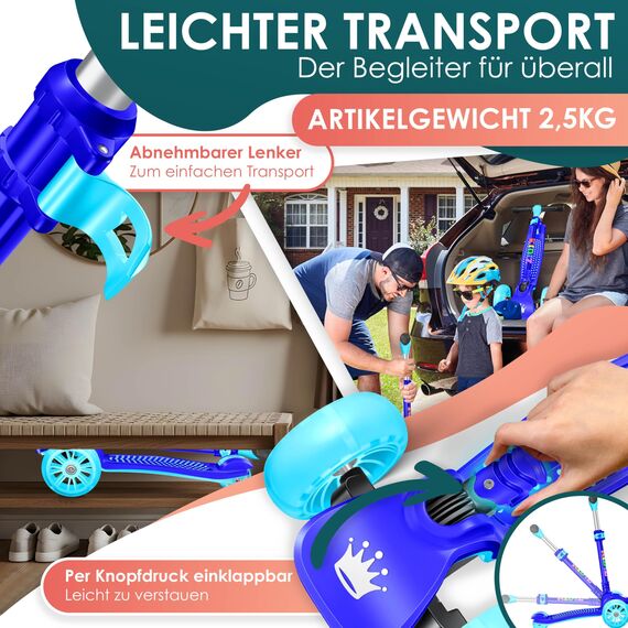 KIDIZ® Roller Kinder Scooter X-Pro2 Dreiradscooter mit PU LED Leuchtenden Räder Kinderroller faltbar Tret-Roller höhenverstellbarer Cityroller Kinderscooter für Jungen Mädchen 3-12 Jahre, Blau