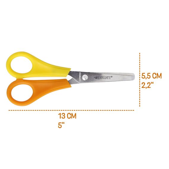 Westcott Kinderschere Gelb Linkshänder | Schere mit integrierter 5 cm Skala | Bastelschere 13 cm (5") ideal für Kinderhände | Sicherheit durch abgerundete Spitze | E-21593 00