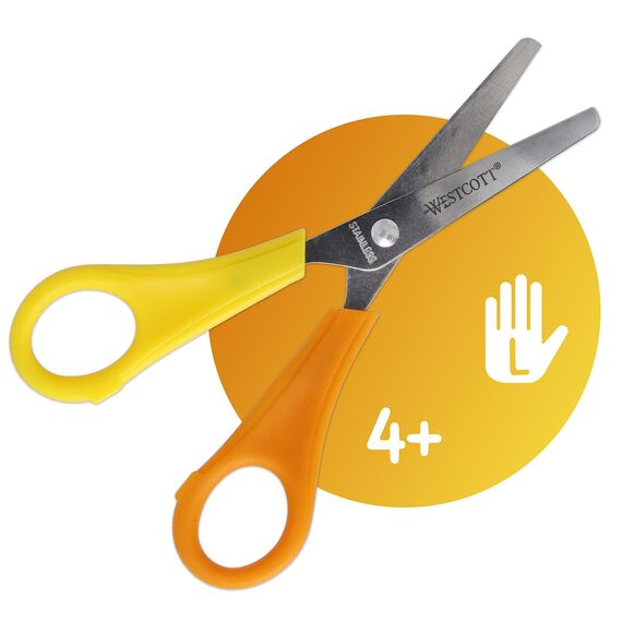 Westcott Kinderschere Gelb Linkshänder | Schere mit integrierter 5 cm Skala | Bastelschere 13 cm (5") ideal für Kinderhände | Sicherheit durch abgerundete Spitze | E-21593 00