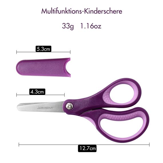 JARVISTAR 3 Stück Linkshänder Rechtshänder Kinderschere, Kinder Sicherheit Schere Bastelscheren Set Schulschere Papierschere Gerundete Klingen Kleinkindschere Klein Schere DIY 13 CM(Rot/Grün/Lila)