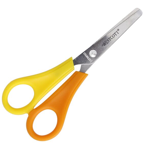 Westcott Kinderschere Gelb Linkshänder | Schere mit integrierter 5 cm Skala | Bastelschere 13 cm (5") ideal für Kinderhände | Sicherheit durch abgerundete Spitze | E-21593 00