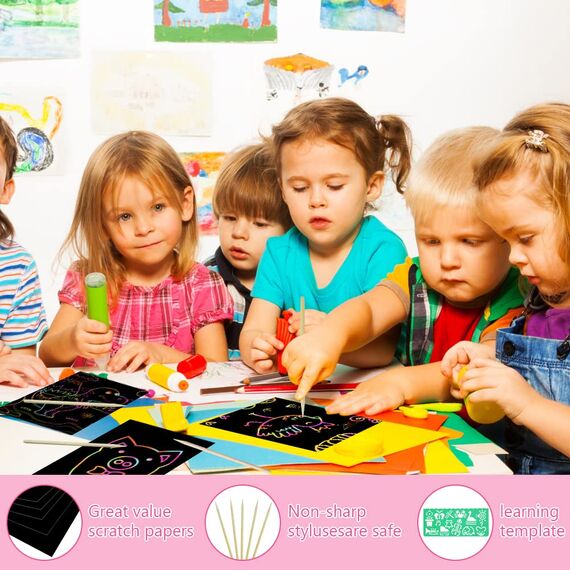 Vicloon Kratzbilder Kinder, 50 Blätter Regenbogen Kratzpapier,5 Holzstifte,4 Malschablonen, Magic Scratch Book, Kratzpapier Set zum Zeichnen und Basteln, 13 * 19cm…