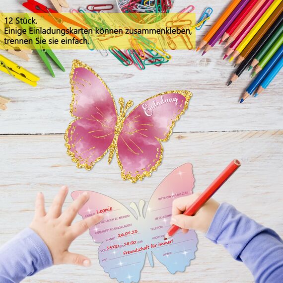 Tixlux 12 Einladungskarten zum Kindergeburtstag, 12 x 10 cm Schmetterlingen Einladungskarten, Geburtstagseinladungen für Mädchen und Jungen, Geburtstagseinladungen Kinder Geburtstagsfeier Kinderparty