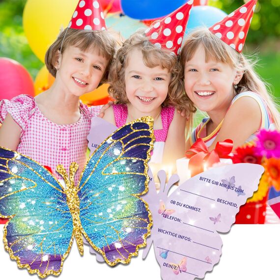 Tixlux 12 Einladungskarten zum Kindergeburtstag, 13 x 10 cm Schmetterlingen Einladungskarten, Geburtstagseinladungen für Mädchen und Jungen, Geburtstagseinladungen Kinder Geburtstagsfeier Kinderparty