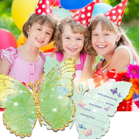 Tixlux 12 Einladungskarten zum Kindergeburtstag, 12 x 10 cm Schmetterlingen Einladungskarten, Geburtstagseinladungen für Mädchen und Jungen, Geburtstagseinladungen Kinder Geburtstagsfeier Kinderparty