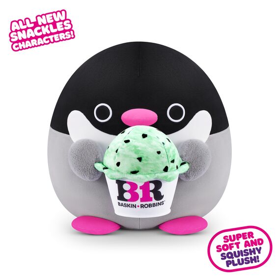 Snackles, Series 2, Penguin (Baskin Robbin), Plush Toy, Cuddly Squishy Comfort Plush with License Snack Brand Accessory, Large (40 cm), Brown Box, (Penguin)