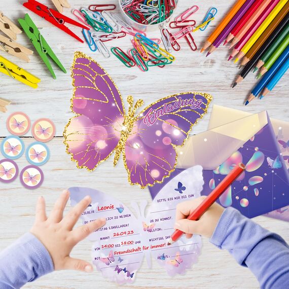 12 Einladungskarten zum Kindergeburtstag, 12 x 10 cm Schmetterlingen Einladungskarten, 12 Umschläge,12 Aufkleber, Geburtstagseinladungen für Mädchen und Jungen, Geburtstagseinladungen Kinder Lila