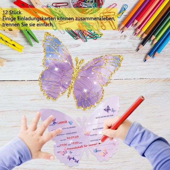 Tixlux 12 Einladungskarten zum Kindergeburtstag, 13 x 10 cm Schmetterlingen Einladungskarten, Geburtstagseinladungen für Mädchen und Jungen, Geburtstagseinladungen Kinder Geburtstagsfeier Kinderparty