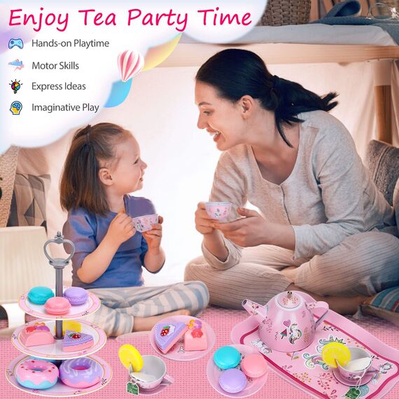 Auney 36 Pcs Teeservice Kinder, Spielzeug Tragekoffer, Teeparty Rollenspiel für kleine Mädchen, Zinn Tee Set mit Teefilterbeuteln und Zitronenscheiben, 13 Pcs Dessert-Spielzeug für Kinder (Einhorn)