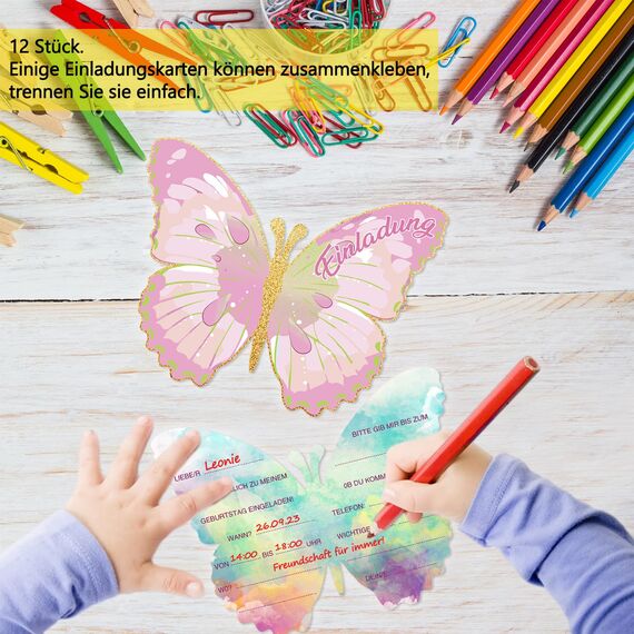 Tixlux 12 Einladungskarten zum Kindergeburtstag, 13 x 10 cm Schmetterlingen Einladungskarten, Geburtstagseinladungen für Mädchen und Jungen, Geburtstagseinladungen Kinder Geburtstagsfeier Kinderparty