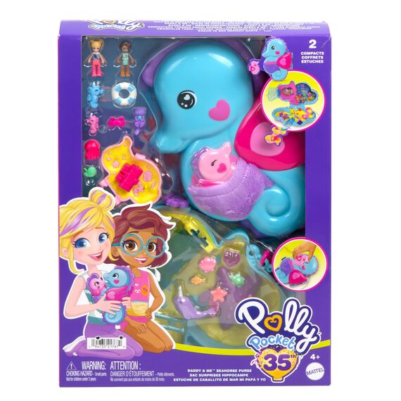 Polly Pocket-Puppen und Spielset mit Tieren und 13 Zubehörteilen, 2-in-1 Daddy and Me Seepferdchenschatulle, tragbare Tasche und Tierspielzeug, mit Shani, HWP03