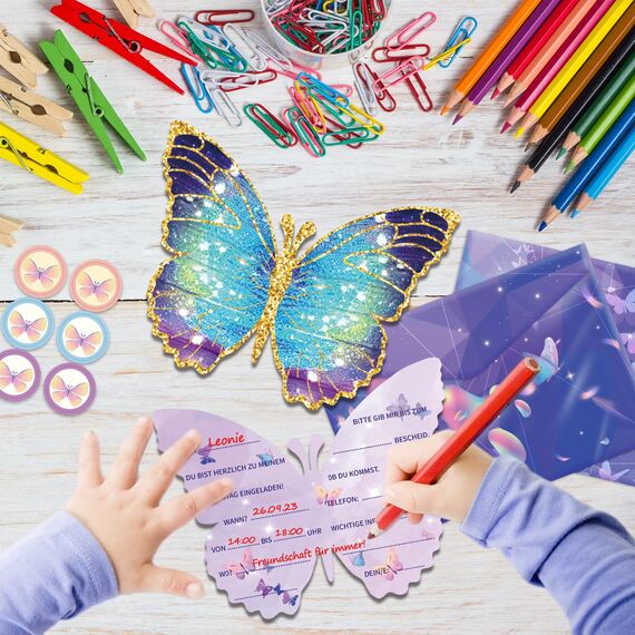12 Einladungskarten zum Kindergeburtstag, 12 x 10 cm Schmetterlingen Einladungskarten, 12 Umschläge,12 Aufkleber, Geburtstagseinladungen für Mädchen und Jungen, Geburtstagseinladungen Kinder Blau