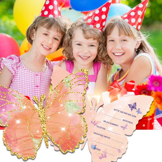 Tixlux 12 Einladungskarten zum Kindergeburtstag, 12 x 10 cm Schmetterlingen Einladungskarten, Geburtstagseinladungen für Mädchen und Jungen, Geburtstagseinladungen Kinder Geburtstagsfeier Kinderparty