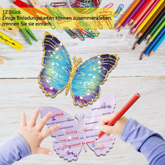 Tixlux 12 Einladungskarten zum Kindergeburtstag, 13 x 10 cm Schmetterlingen Einladungskarten, Geburtstagseinladungen für Mädchen und Jungen, Geburtstagseinladungen Kinder Geburtstagsfeier Kinderparty