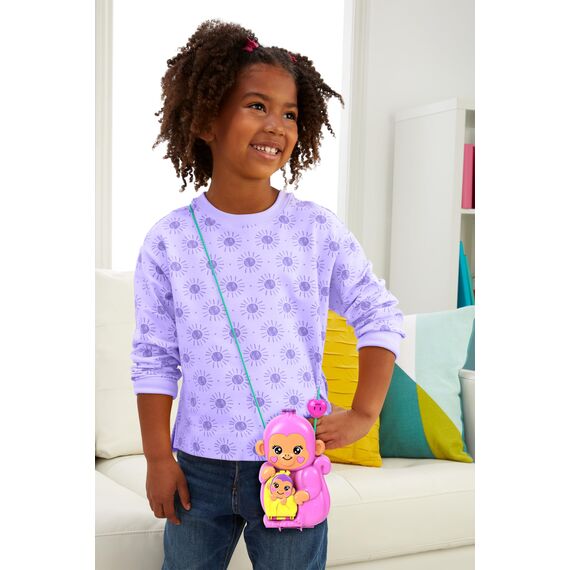 Polly Pocket Puppen & Spielset mit Tieren und 13 Accessoires, 2-in-1 Affenmama und Baby, tragbare Tasche und Tierspielzeug, HWP04