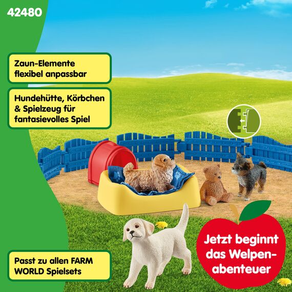 SCHLEICH Farm World | Welpenstube 42480 Tiere Set mit 3 Welpen, Zaun & Zubehör | Bauernhof Spielset & Geschenk für Jungen & Mädchen | Bauernhof Spielzeug ab 3 Jahren | 13 Teile