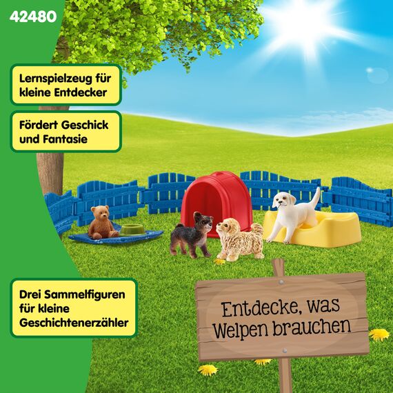SCHLEICH Farm World | Welpenstube 42480 Tiere Set mit 3 Welpen, Zaun & Zubehör | Bauernhof Spielset & Geschenk für Jungen & Mädchen | Bauernhof Spielzeug ab 3 Jahren | 13 Teile