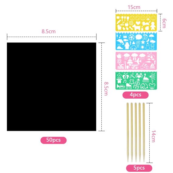 Vicloon Kratzbilder Kinder, 50 Blätter Regenbogen Kratzpapier,5 Holzstifte,4 Malschablonen, Magic Scratch Book, Kratzpapier Set zum Zeichnen und Basteln, 8.5 * 8.5cm…