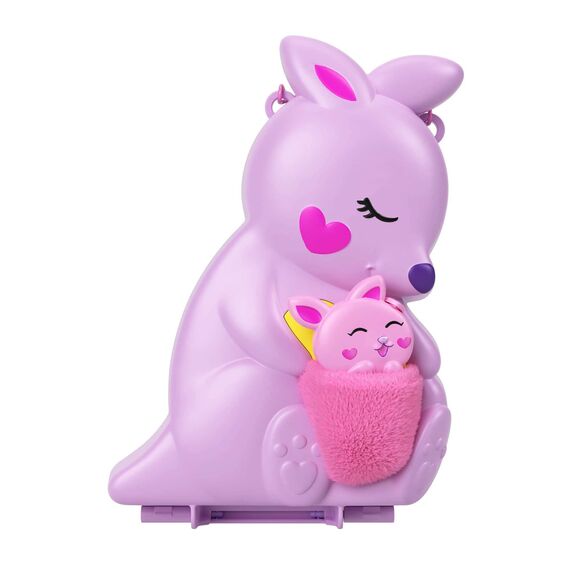 Polly Pocket Mama und Joey Känguru Tasche - 2-in-1-Spielset mit Tierkinderzimmer, 2 Puppen, 7 Tieren und Zubehör, inklusive weichem Beutel und Schatulle, perfekt für unterwegs, ab 4 Jahren, HKV50