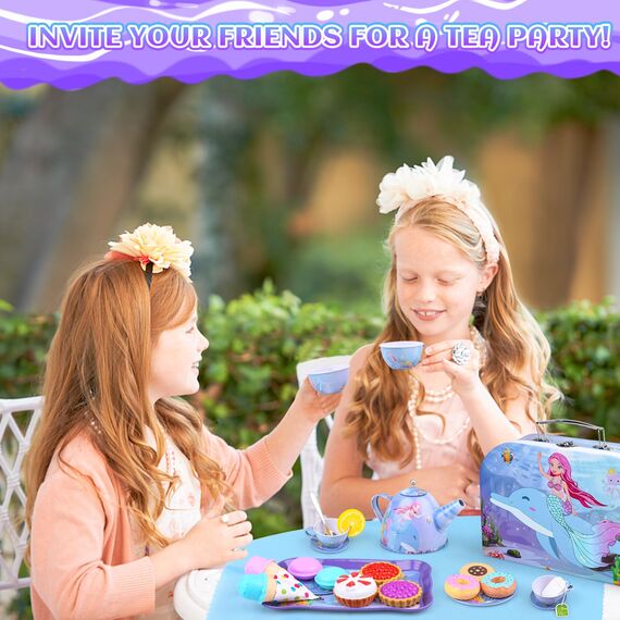 Auney 36 Pcs Teeservice Kinder,Meerjungfrau Spielzeug Kinderküche Zubehör Tragekoffer mit Zinn Tee Set,Mermaid Tea Service Kindergeschirr Spielküche Teeparty Rollenspiel für Geschenk Mädchen Spielzeug