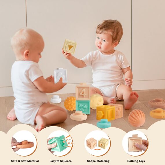 Babyspielzeug für 6 bis 12 Monate alte Babys, Montessori-Spielzeug. Enthält Holzstapelsteine, Zahnungspielzeug für Säuglinge, Sensorikbälle und EIN Xylophon-Musikspielzeug für Kleinkinder über 1 Jahr