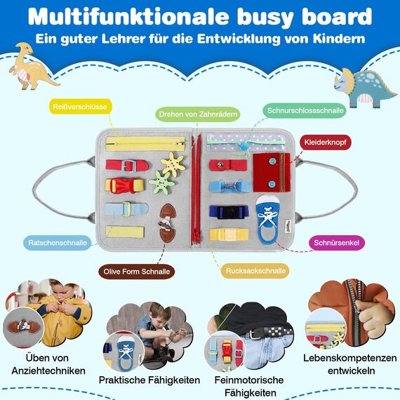JHkim Montessori Busy Board Deutsch, Kinder Spielzeug ab 1 2 3 4 Jahre, Activity Board Busy Book, Geschenke für Junge Mädchen, Kinder Sensorik Lernspielzeug, Motorikbrett für Reise Auto Flugzeug, Grau