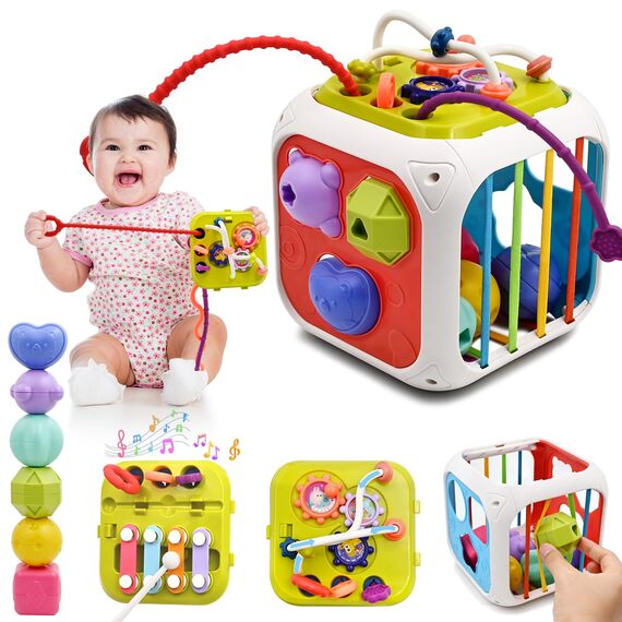 spielzeug ab 1 2 Jahr, 7 in 1 Montessori Babyspielzeug Motorikschleife Activity Center Motorikspielzeug Lernspielzeug Sensorik Sortierspiel Motorikwürfel kinderspielzeug für Junge Mädchen Geschenk