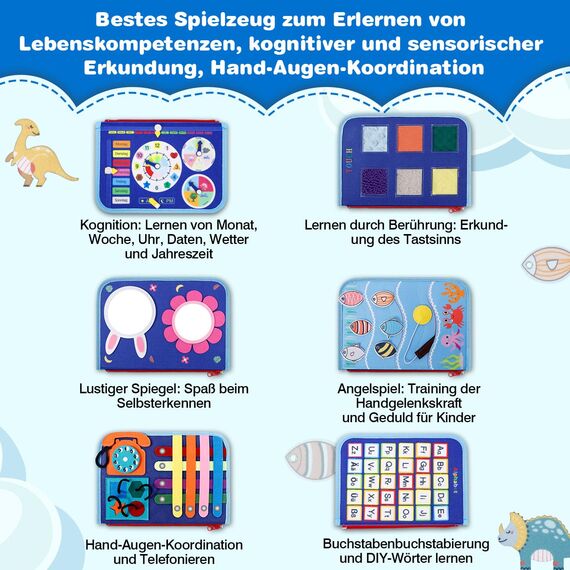 JHkim Busy Board Deutsch Montessori Spielzeug ab 1 2 3 4 Jahre, Geschenk für Jungen & Mädchen, Kinder Lernspielzeug Activity Busy Book, Kinder Motorikspielzeug, Motorikbrett für Reise/Auto/Flugzeug